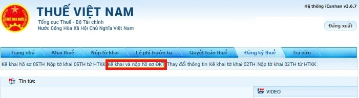 Chọn đăng ký thuế và mục 